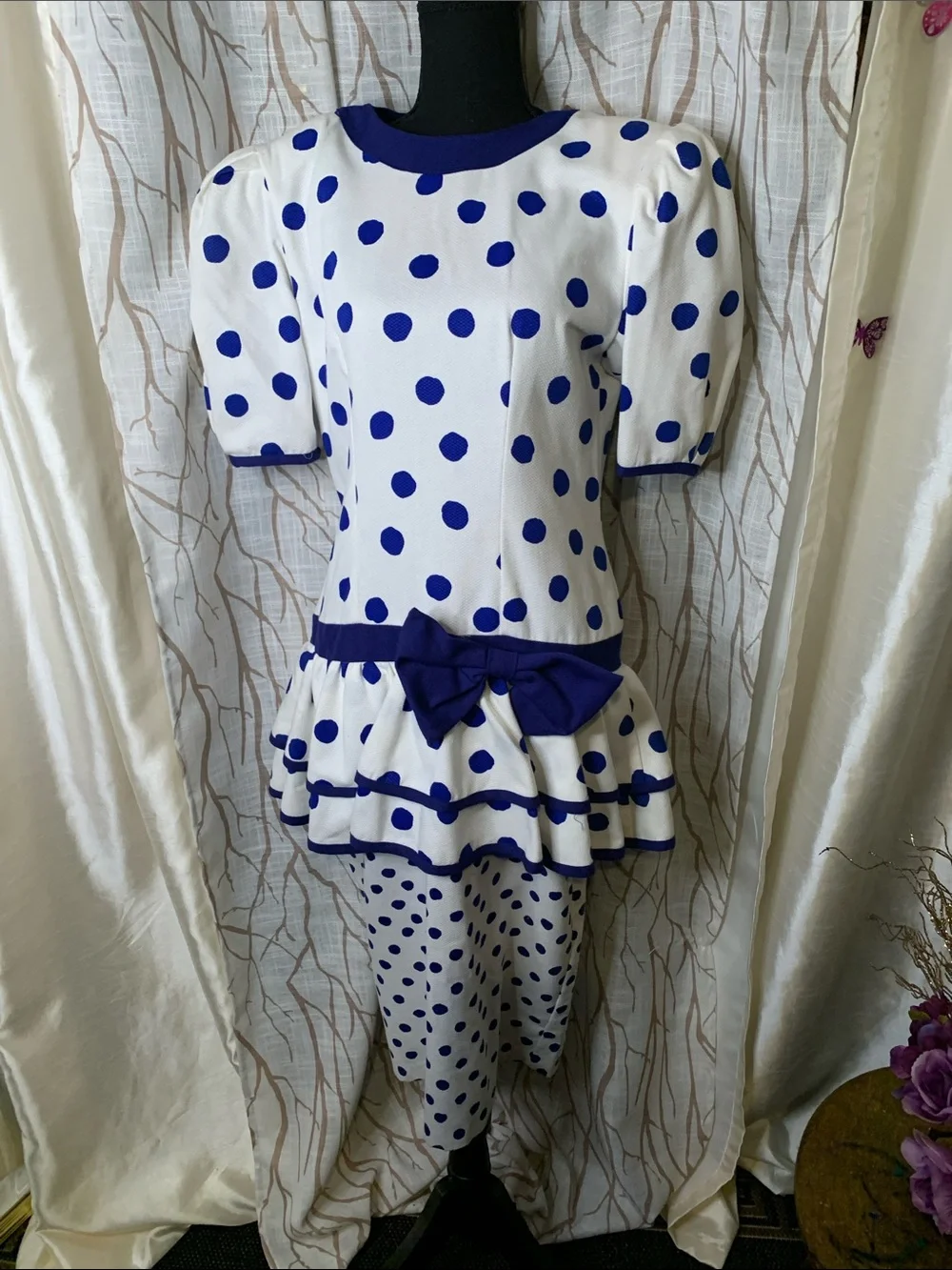Girls White and Blue Polka Dot Pajama Set with Ruffled Peplum
